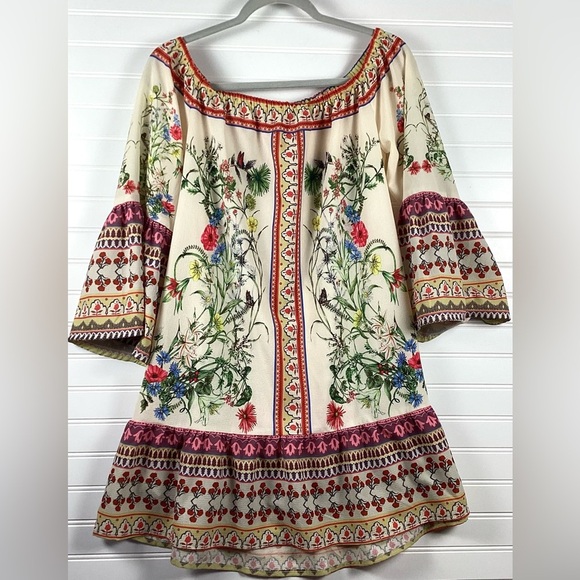 Umgee Border Bell Sleeve Dress -Natural Size Small Off Shoulder Shift Mini Dress - Picture 8 of 11